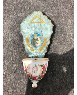 Venetian Holy water stoup with milk glass and miniature cup with Saint with Child.     