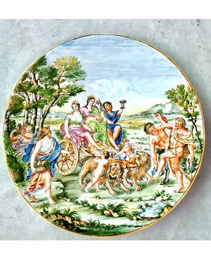 large majolica plate with historiated decoration, Manifattura Minghetti, Bologna.     