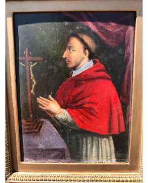 Small oil painting on panel depicting San Carlo Borromeo.     
