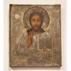 Antica icona russa del 1800 raffigurante Gesù con copertura in argento inciso