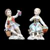 Coppia di figurine in porcellana raffiguranti personaggio femminile e maschile con cesto di frutta e fiori.Manifattura Ginori.