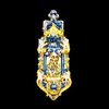 Acquasantiera in maiolica policroma con putti,cimasa a corona e scena di Annunciazione.Manifattura di Ariano Irpino. 