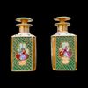 Coppia di bottiglie porta profumo in porcellana con figure femminili e decori floreali e oro.Francia.