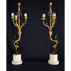 Coppia di candelabri in bronzo dorato e patinato, base in marmo bianco, Francia XVIII secolo
