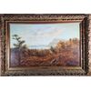 Scuola Inglese del XIX secolo.“Paesaggio boschivo con lago ”.
