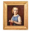 QUADRI ANTICHI, RITRATTI DI GIOVANE RAGAZZA CHE CUCE, OLIO SU TELA, DELL'800. (QR436)