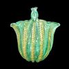 Vaso in vetro pesante sommerso cordonato oro e verde con manico intrecciato.Manifattura Barovier & Toso,Murano.