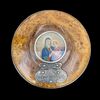 Scatola in radica di Thuya con miniatura raffigurante Madonna con Bambino.Dettagli in argento.
