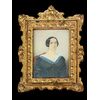 Miniatura olio su cartoncino raffigurante figura femminile. ( dicitura e data  1866 sul retro),cornice in ottone dorato.