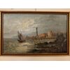 Olio su tela inglese del 1800 raffigurante città con fortificazioni sul mare