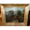 Olio su tela firmato inglese del 1800 raffigurante corso d'acqua sentiero e pescatore