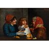 Scena domestica con bimba che imbocca la nonna
