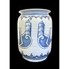 Vaso albarello da farmacia con smalto leggermente azzurrato e decoro a  ‘peducci’,con nastro anepigrafe a motivo rocaille.Ferniani, Faenza.