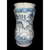 Albarello in maiolica con  corpo svasato al centro e decoro in monocromia turchina con figura di cane in ambiente agreste.Napoli.