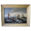 Dipinto antico Battaglia tra galeoni, XIX secolo, olio su tela PREZZO TRATTABILE