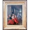 Dipinto olio su tavola Madonna con Bambino e personaggi con architetture.Cornice dell’800.