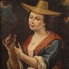 Italian framework portrait of a girl with a goldfinch from 18th century