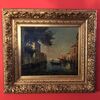 Veduta di Venezia, con  una gondola e una barca a vela sul canale