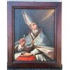 Dipinto olio su tela raffigurante vescovo con mitria e penna.