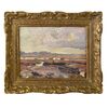 QUADRI ANTICHI, QUADRI MARE, MARINA CON VILLAGGIO, OLIO SU TAVOLA, XIX.  (QM567)