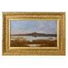 DIPINTI ANTICHI PAESAGGI, PAESAGGIO CON FIUME E VILLAGGIO, OLIO SU TELA, XIX SECOLO. (QP591)   