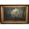Olio su tela Nord Europa del 1800 raffigurante bosco corso d'acqua e cervi