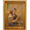 Antico acquerello del 1800 raffigurante donna con fiori