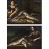 Scuola emiliana, XVII secolo, Coppia di pescatori con nature morte di pesci
