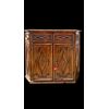 Credenza a sezione esagonale con due sportelli in legno di castagno e motivi geometrici.