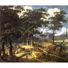 Paesaggio boschivo con viandanti e villaggio 