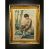 Acquerello antico raffigurante donna col mandolino. Napoli XIX secolo.