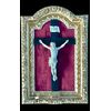 Cristo in avorio su croce ebanizzata e cornice in legno intagliato e foglia oro.