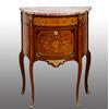 Comoncino antico Demi lune Napoleone III in legni policromi con piano in marmo.Francia XIX secolo.