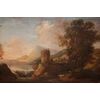 Antico olio su tela italiano del 1700 paesaggio con personaggi e veduta cittadina con cascata