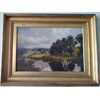 Olio su tela inglese del 1800 raffigurante paesaggio fluviale 