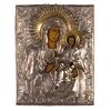 Icona raffigurante la Madonna con Bambino, Pittura su tavola, Riza in rame argentato sbalzato, XIX secolo