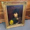 Antico dipinto olio su tela primi 800  “Falconiere “ in cornice foglia oro . Mis 82 x 64 