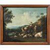 Pittore italiano (XVIII sec.) - Paesaggio arcadico con gregge e pastori. 