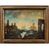 Giacomo Guardi (Venezia 1764 - Venezia 1835) cerchia di - Paesaggio portuale con capriccio architettonico e galeone britannico.