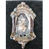 Acquasantiera in maiolica raffigurante Madonna del Rosario con Gesu’Bambino.Laterza,Puglia.