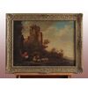 Olio su tavola del 1700 raffigurante paesaggio fiammingo con rovine