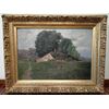 Olio su tela francese del 1800 firmato raffigurante paesaggio campestre con casa