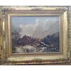 Quadro olandese del 1800 Olio su tavola paesaggio innevato con mulino ad acqua