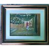 Oil painting on wood with figures and veranda. Signature: Arturo Tosi.     