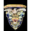 Mensola in maiolica con aquila,armatura e motivi rocaille.Minghetti Bologna.