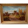 Olio su tela del 1800 firmato raffigurante paesaggio campestre con fattoria e gregge di pecore