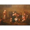 Antico Dipinto olio su tela di fine 1700 raffigurante l'interno di una taverna