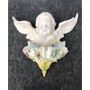 Acquasantiera in maiolica con putto e coppa con decori a fiori e insetti.manifattura di Angelo Minghetti,Bologna.