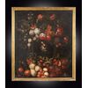Antique Flemish oil painting on canvas depicting still life with figures. 18th-century period.