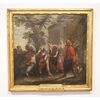 Olio su tela italiano del 1700 raffigurante personaggi all'aperto